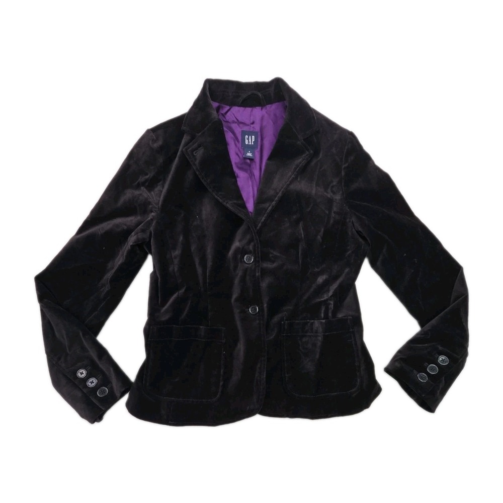 Vintage 2005 GAP Black Velvet Blazer Jacket Purple Satin Lining Size 8 Y2K